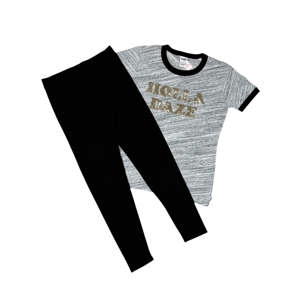 Victoria's Secret PINK Holla Daze Sequin Ringer Tee Leggings Set Gray Black S M